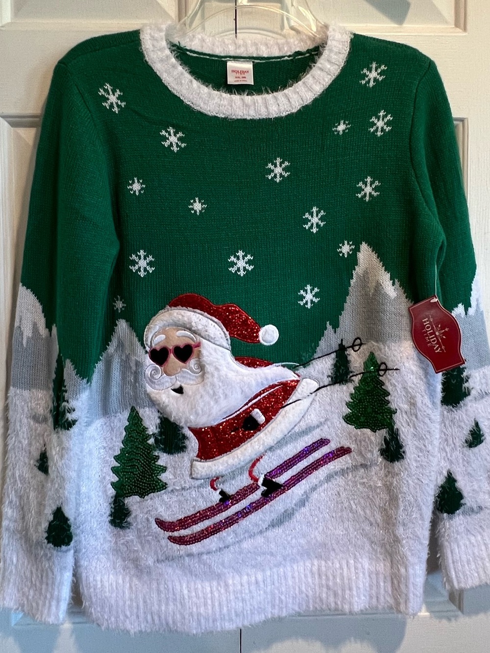 NWT 🎄Christmas Santa Sweater Green & White, Holiday Time , Sequin Tree